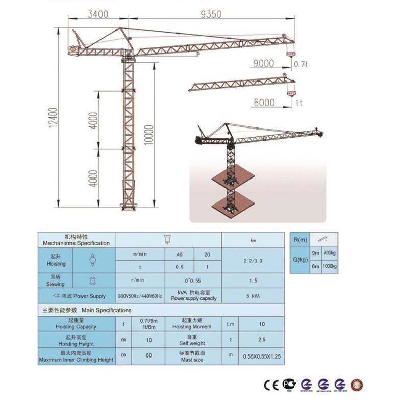 Item MINI GRUA ELETRICA COM LANCA DE 9 MTS DE COMPRIMENTO TORRE 10 MTS CAPACIDADE DE CARGA DE 700KG